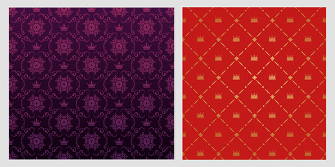 Background patterns.  Colors: red, purple, gold. Background image in retro style. Floral pattern, wallpaper texture. Vector image, vintage