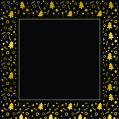 Frame with blank space for text. Border of xmas toys, tree and stars. Vector for Christmas and New Year greeting card, banner, invitation, packaging design, illustration pattern