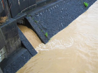 洪水により増水した川