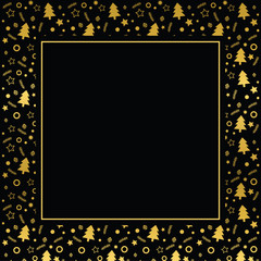 Frame with blank space for text. Border of xmas toys, tree and stars. Vector for Christmas and New Year greeting card, banner, invitation, packaging design, illustration pattern