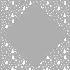 Frame with blank space for text. Border of xmas toys, tree and stars. Vector for Christmas and New Year greeting card, banner, invitation, packaging design, illustration pattern