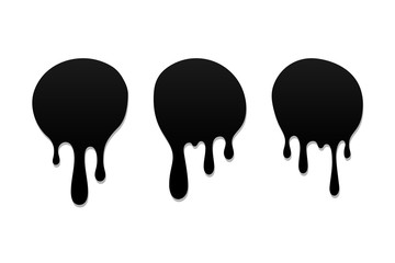 Drip paint set. Ink stain. Drop melt liquid isolated on white background. Splash of chocolate, oil, blood. Black splatter syrup, candy sauce, caramel. Color easy to edit. Vector illustration