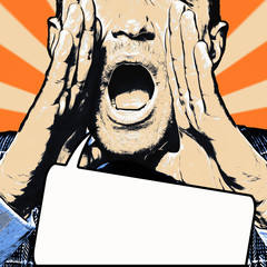 Retro pop art poster, man shouting with hands cupped to his mouth. place for text.