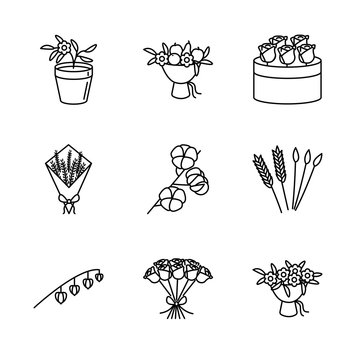 Flower, And Dried Flowers Line Icon Set. Physalis Peruviana Flowerpot, Lavender, Cotton Branch, Rye, Bunny Tail, Fruit Bouquet, Roses. For Floristic Shope Web Design And Printed Materials
