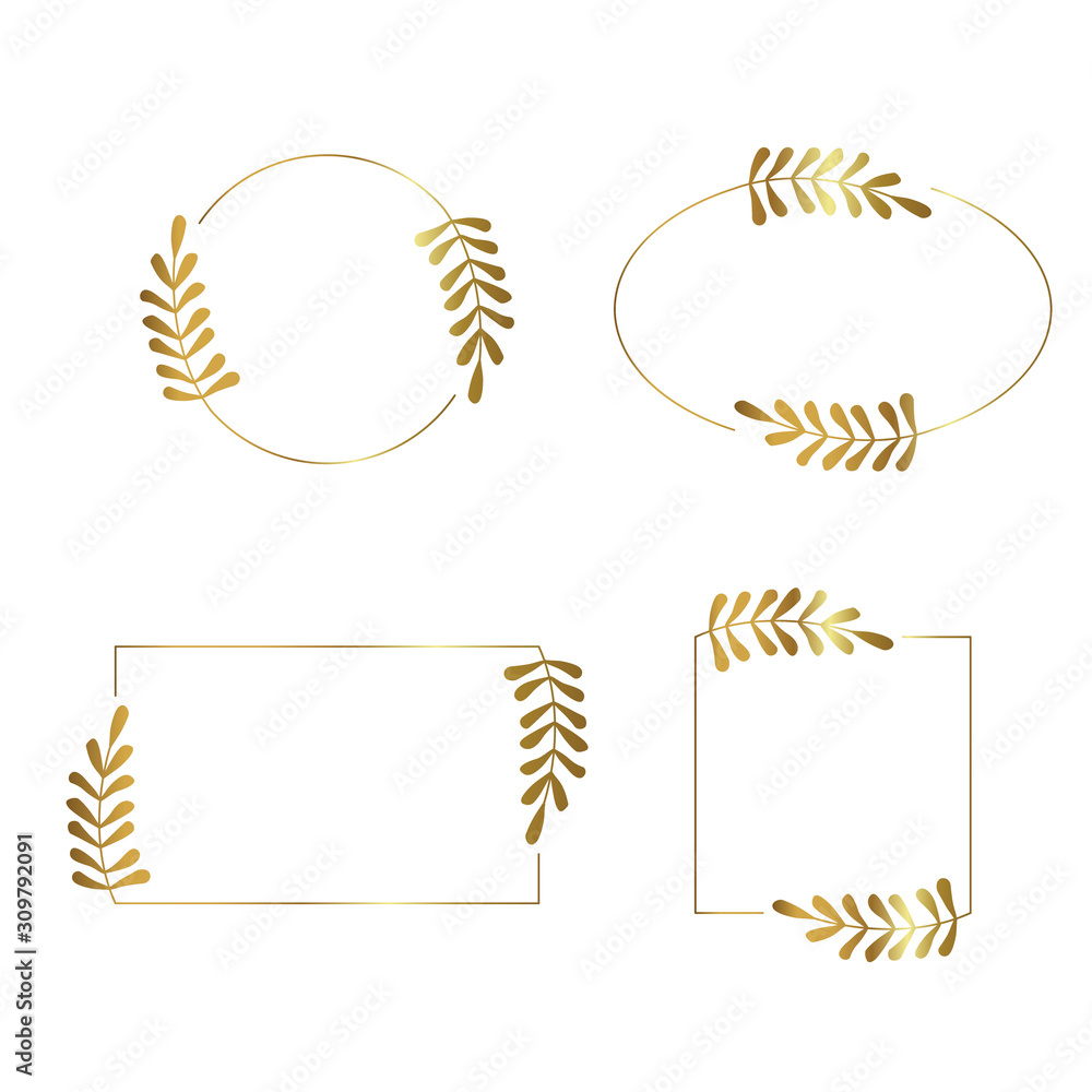 Wall mural frames with leaves in gold color