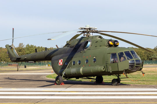 KLEINE BROGEL, BELGIUM - SEP 8, 2018: Polish Army Mi-8 Transport helicopter on Kleine-Brogel Airbase.