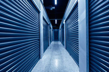 Hallway with blue storage units. Phantom blue colors
