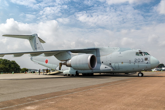 FAIRFORD, UK - JUL 13, 2018: Japanese Self-Defense Force Kawasaki C-2 transport aircraft on the tarmac of RAF Fairford airbase.