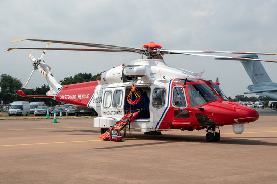 FAIRFORD, UK - JUL 13, 2018: AgustaWestland AW189 coastguard rescue helicopter from Bristow Helicopters on the tarmac of Fairford airbase.