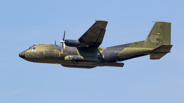 WUNSTORF, GERMANY - JUNE 9, 2018: German Air Force (Luftwaffe) Transall C-160 military transport plane in flight.