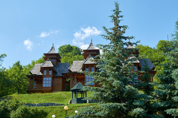 Wooden houses in a mountain style in a lush landscape