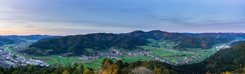 Germany, XXL aerial panorama view above black forest village haslach im kinzigtal, fischerbach and hausach in valley of endless nature landscape