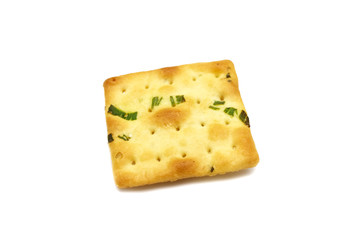 Biscuits cracker square design.Great flavor combination of green onion and wheat. Isolated on white...