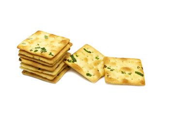 Biscuits cracker square design.Great flavor combination of green onion and wheat. Isolated on white background.