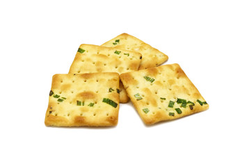 Biscuits cracker square design.Great flavor combination of green onion and wheat. Isolated on white background.