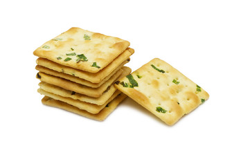 Biscuits cracker square design.Great flavor combination of green onion and wheat. Isolated on white...