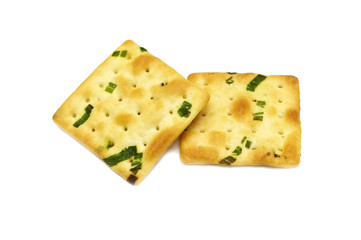 Biscuits cracker square design.Great flavor combination of green onion and wheat. Isolated on white background.