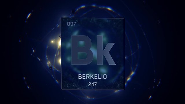 Berkelium as Element 97 of the Periodic Table. Seamlessly looping 3D animation on blue illuminated atom design background with orbiting electrons. Name, atomic weight, element number in Spanish langua