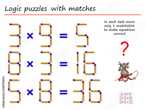 logical puzzle game with matches in each task move only 1 matchstick to make equations correct math tasks on multiplication printable page for brain teaser book vector image wall mural nataljacernecka