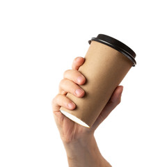 Man hand holding brown paper cup of coffee with black lid isolated on white background.
