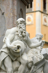 Obraz premium Robba Fountain, also known as the Fountain of the Three Carniolan Rivers, at Town Square in Ljubljana, the capital of Slovenia. It was made in 1751 by the Italian sculptor Francesco Robba and is one o