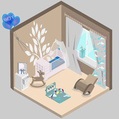 Baby room design for boy, newborn, vector image in isometry.