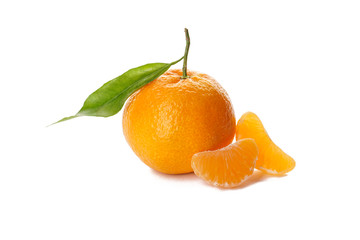 Tangerines with green branch and peeled mandarin slices, isolated