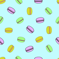 Multicolored cookies with jam seamless pattern on blue background.
