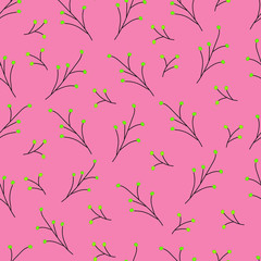 Branches with green berries on a pink background. Seamless pattern.