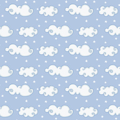 Blue seamless background with clouds and stars