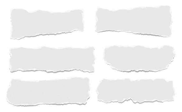 Set of torn white note, notebook paper pieces stuck on white background. Vector illustration