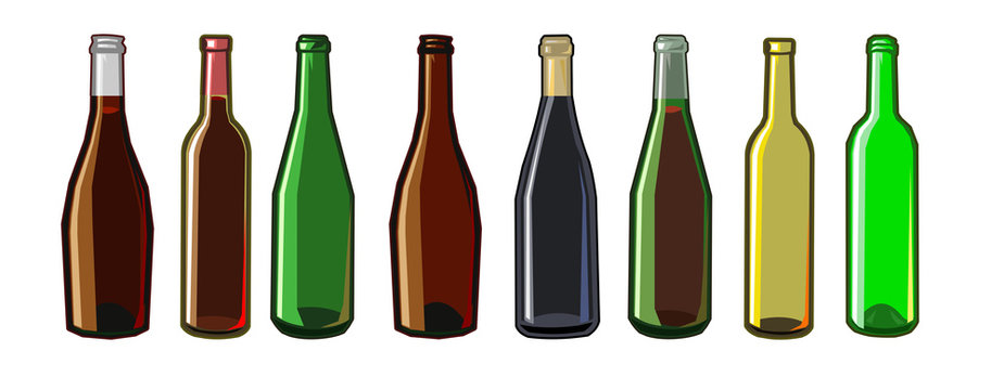The bottles. Vector. Wine bottles of different colors in cartoons flat style. Isolated objects on a white background. Seth: Black, brown and green bottles.