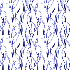 Seamless pattern with blue cereals. Barley, wheat, rye, oat. Collection decorative floral design elements. Isolated elements. Vintage watercolor illustration in watercolor style.