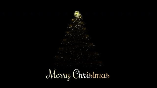Animated Christmas tree on back background. Christmas tree made of gold particles.