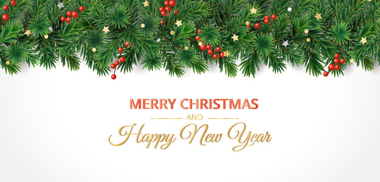 Christmas banner with Merry Christmas text and vector pine tree garland isolated on white
