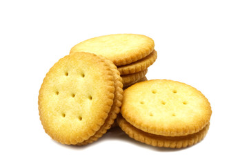 Fototapeta na wymiar Biscuit sandwich cracker Cheese flavoured ,Cream and butter. Stack of crunchy delicious sweet meal and useful cookies. Isolated on white background.