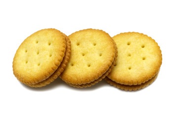 Biscuit sandwich cracker Cheese flavoured ,Cream and butter. Stack of crunchy delicious sweet meal and useful cookies. Isolated on white background.
