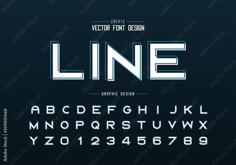 Poster line font with white shadow and alphabet vector, bold typeface letter and number design, graphic tex