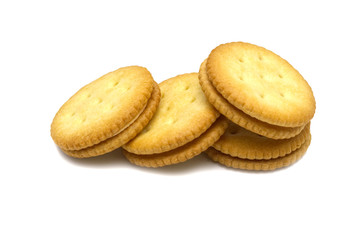 Biscuit sandwich cracker Cheese flavoured ,Cream and butter. Stack of crunchy delicious sweet meal and useful cookies. Isolated on white background.