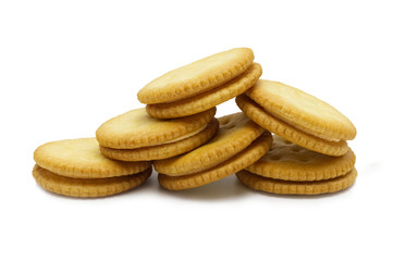 Biscuit sandwich cracker Cheese flavoured ,Cream and butter. Stack of crunchy delicious sweet meal and useful cookies. Isolated on white background.