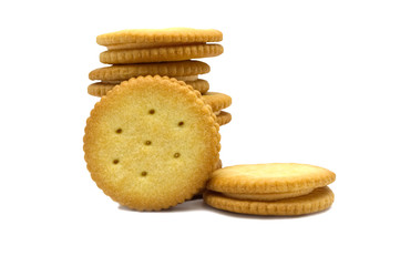 Biscuit sandwich cracker Cheese flavoured ,Cream and butter. Stack of crunchy delicious sweet meal and useful cookies. Isolated on white background.