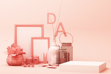 abstract geometric shape pastel pink color scene minimal with decoration and prop, design for cosmetic or product display podium 3d render