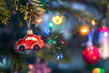 christmas decoration on tree. Red car bauble