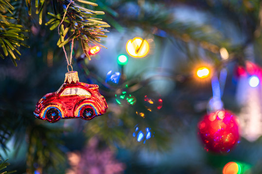 Christmas Decoration On Tree. Red Car Bauble