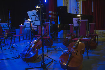 Musical instruments before the concert of the Symphony orchestra