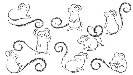 Set of hand drawn rats, mouse in different poses on white background. Vector illustration, cartoon doodle style.