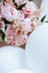 Bouquet of pink beautiful fresh peonies, copy space
