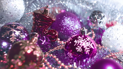 Christmas background pink color balls garlands sequins festive bokeh lights