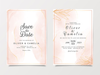 Gold peach watercolor wedding invitation card template set with line decoration. Abstract background save the date, invitation, greeting card, multi-purpose vector