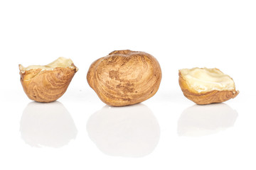 Group of one whole two halves of tasty brown hazelnut isolated on white background